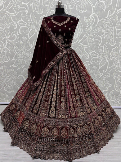 Sweet Maroon Velvet Bridal Lehenga Choli With Double Dupatta - Ethnic Plus In